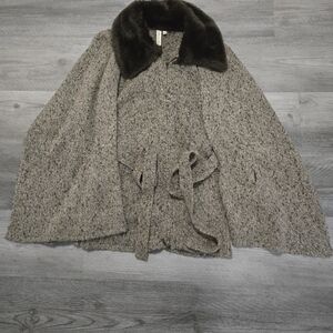 Brown Wool-Blend Cape with Faux Fur Collar